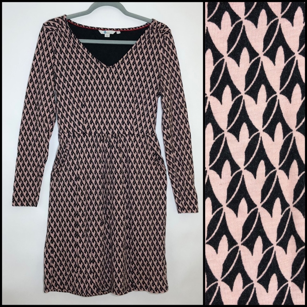 BODEN v-neck jersey long sleeve dress in black with light pink heart print 8R